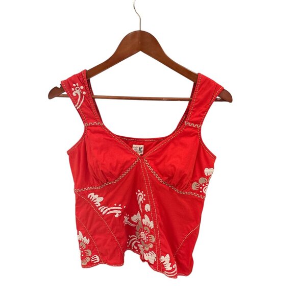 Embroidered Red Sleeveless Top By Edme & Esyllte Sz 6 Cotton Blend Floral Boho C - Picture 1 of 7